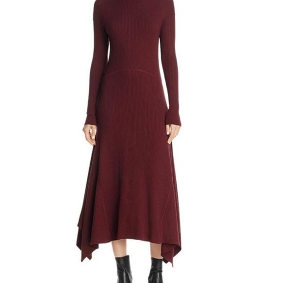 Theory Panel Knit Dress Dark Current Burgundy Fitted Sweater Assymetric Dress P - Picture 4 of 6